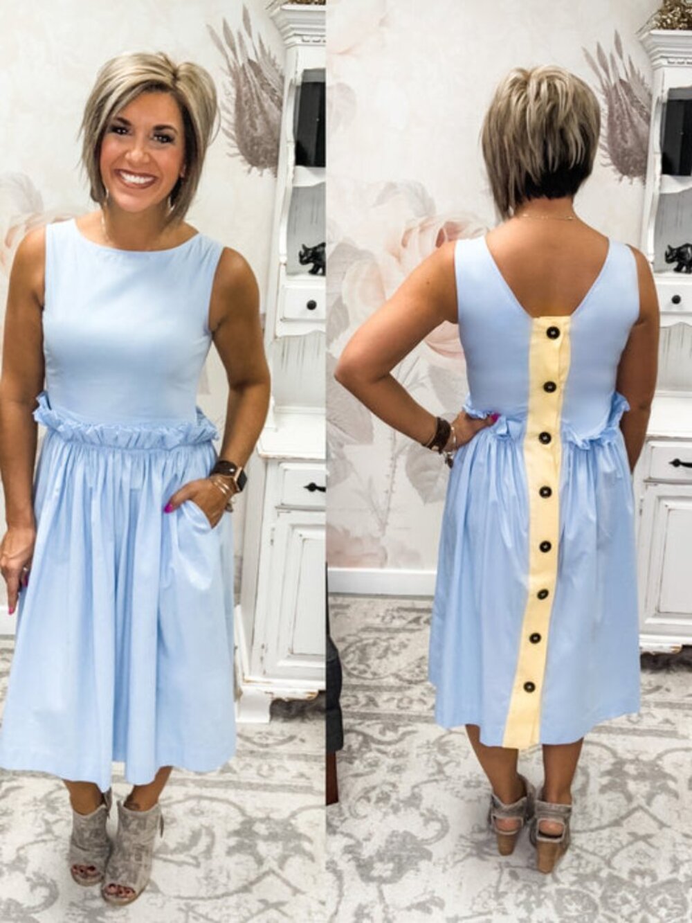 Plus Size Blue Midi Dress Ruffle Waist Button Back Sleeveless